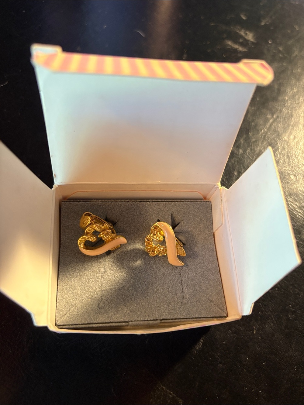 Avon Gold Tone Earrings with Light Pink Ribbon Accent